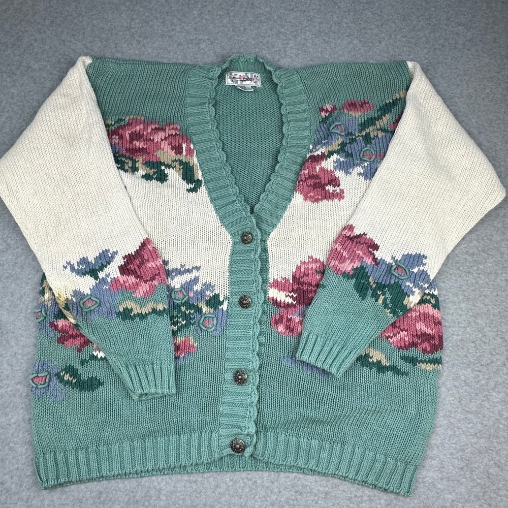 Vintage Gina Peters Floral Knit Cardigan Sweater Teal Green Pink Medium